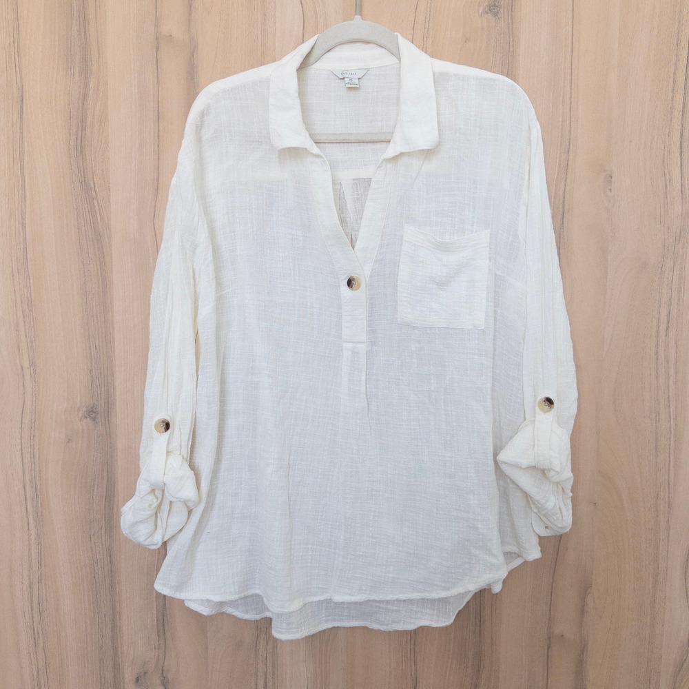 EST. 1946 Womens Oversized Shirt XL Cream‎ Cotton Gauze Coastal Beachy Vacation